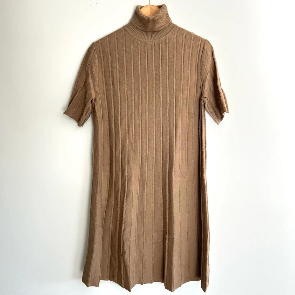 COS Beige Tan / Beige Scallop Pleated Knit Wool Blend Turtleneck Boho Dress Sz S - Picture 2 of 16